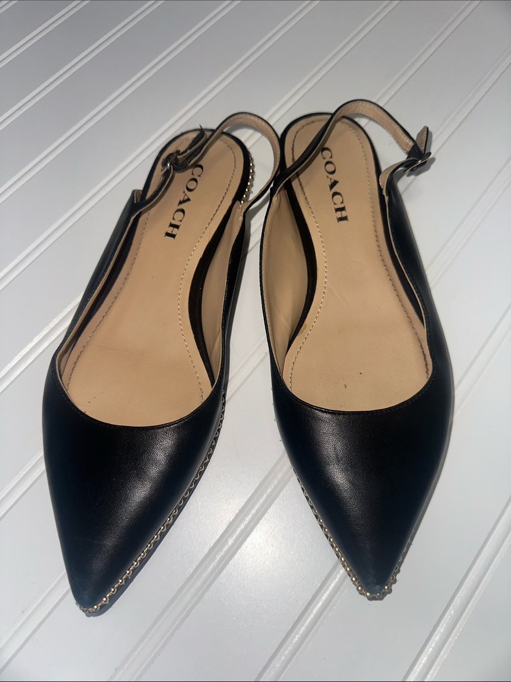 Coach Black Leather Pointed Toe Studded Slingback Flats Size 8.5